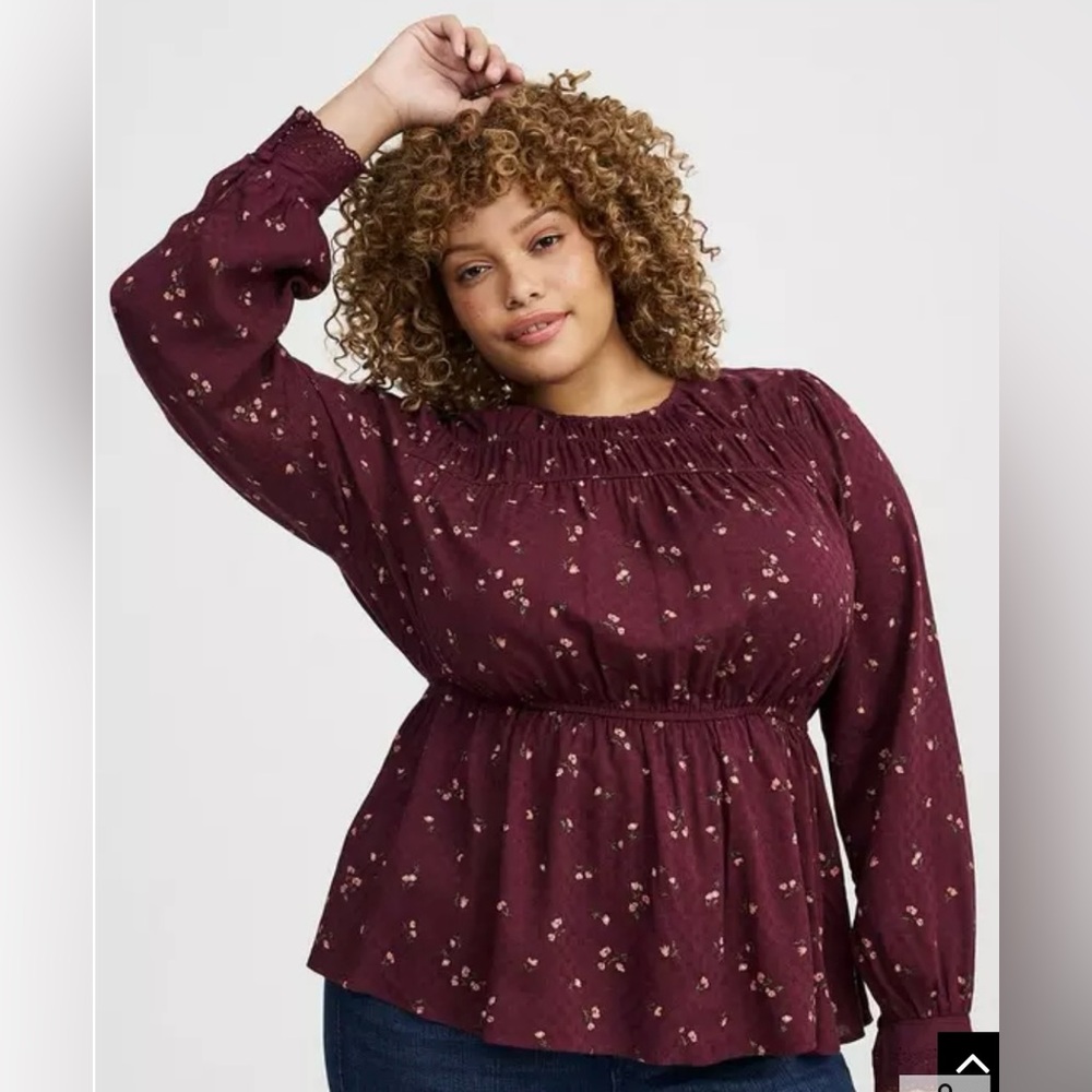 Torrid Burgundy Floral Shirred Peplum Blouse